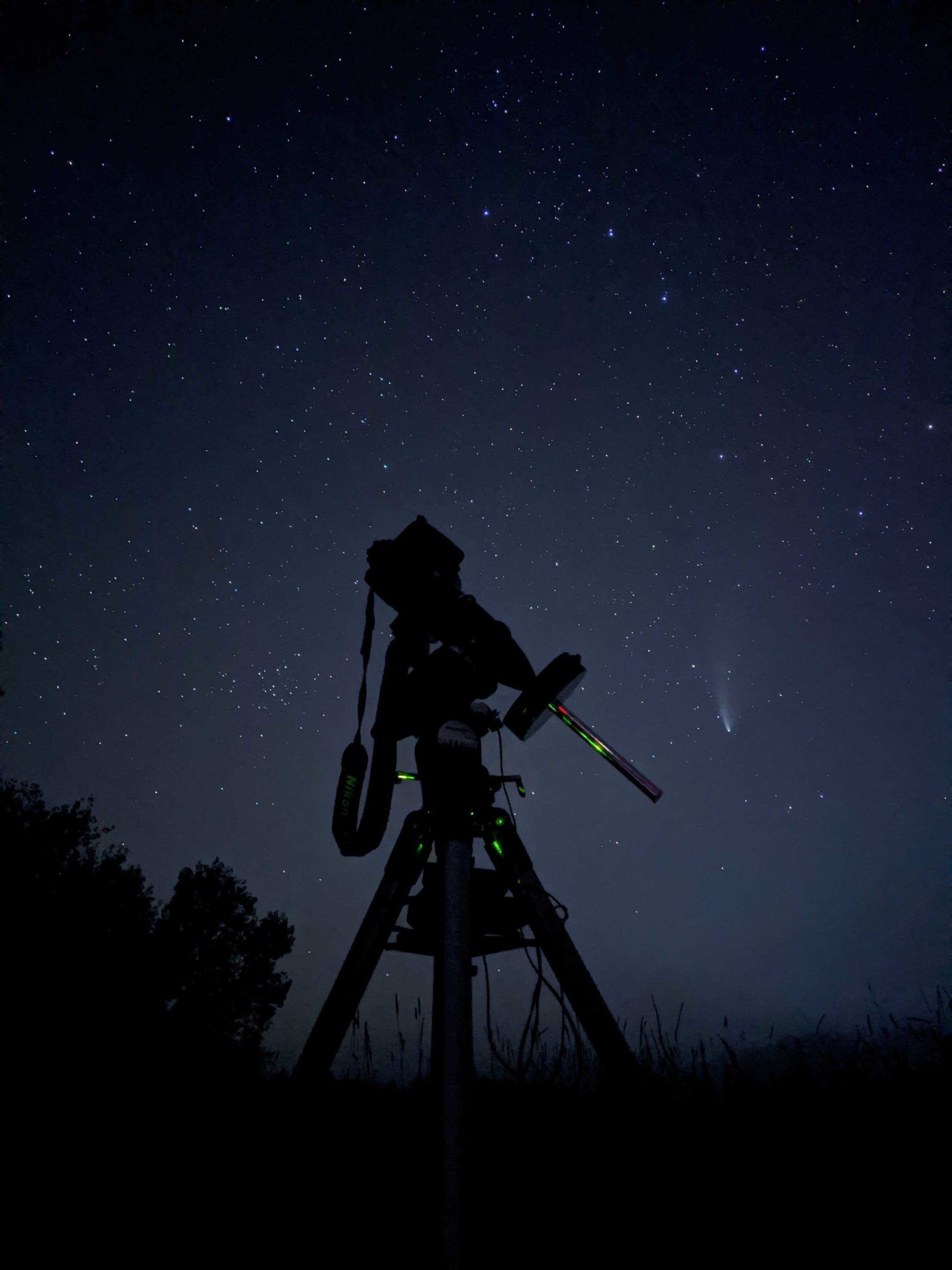 Night photography set up with Comet NEOWISE in the background.