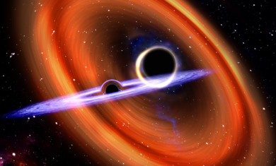 Illustration of two black holes surrounded by disks of gas and dust, spiraling toward each other as they merge. Image Credit: Carl Knox / OzGrav / Swinburne University of Technology