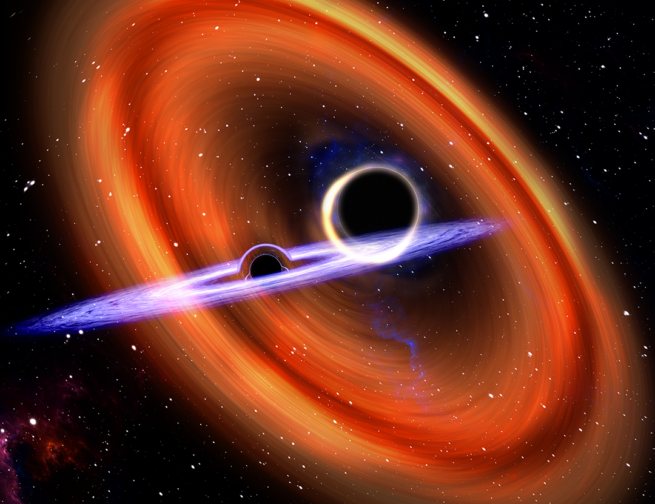 Illustration of two black holes surrounded by disks of gas and dust, spiraling toward each other as they merge. Image Credit: Carl Knox / OzGrav / Swinburne University of Technology