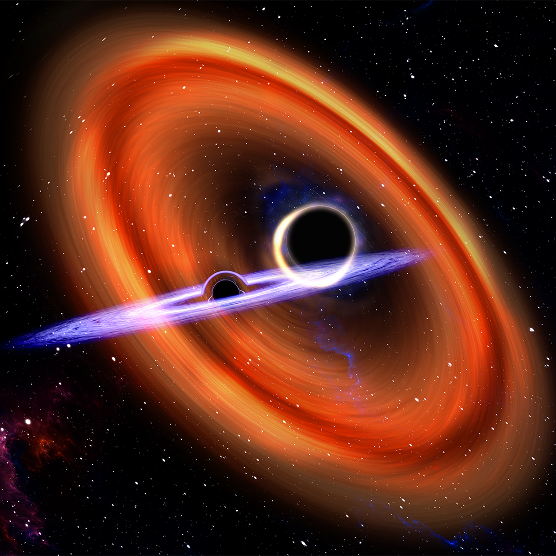 Illustration of two black holes surrounded by disks of gas and dust, spiraling toward each other as they merge. Image Credit: Carl Knox / OzGrav / Swinburne University of Technology