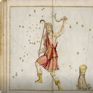 A hand-colored plate that depicts the old constellation of Bootes with a herdsman (holding a Mezzaluna) drawn along its coordinates.