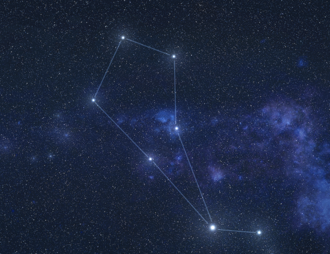 An enhanced image of the constellation Boötes the Herdsman, with the lines between the stars drawn to show the constellation. Boötes the Herdsman will be visible in the east-southeast sky in May, 2024.