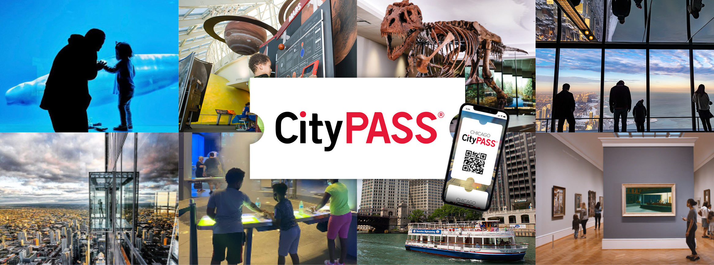 Collage of various Chicago cultural attraction images included as options with a Chicago CityPASS ticket.