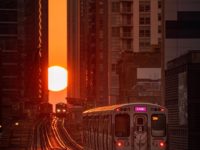 The Sun sets during Chicagohenge as a CTA train in Chicago, Illinois travels towards it. Image Credit: @cdats
