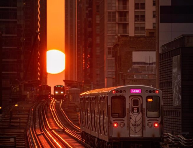 The Sun sets during Chicagohenge as a CTA train in Chicago, Illinois travels towards it. Image Credit: @cdats