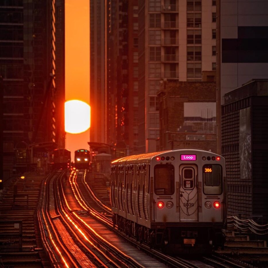 The Sun sets during Chicagohenge as a CTA train in Chicago, Illinois travels towards it. Image Credit: @cdats