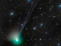 Comet C/2022 E3 (ZTF) showing its green glow and three blue ion tails. Image Credit: Jose Francisco Hernández