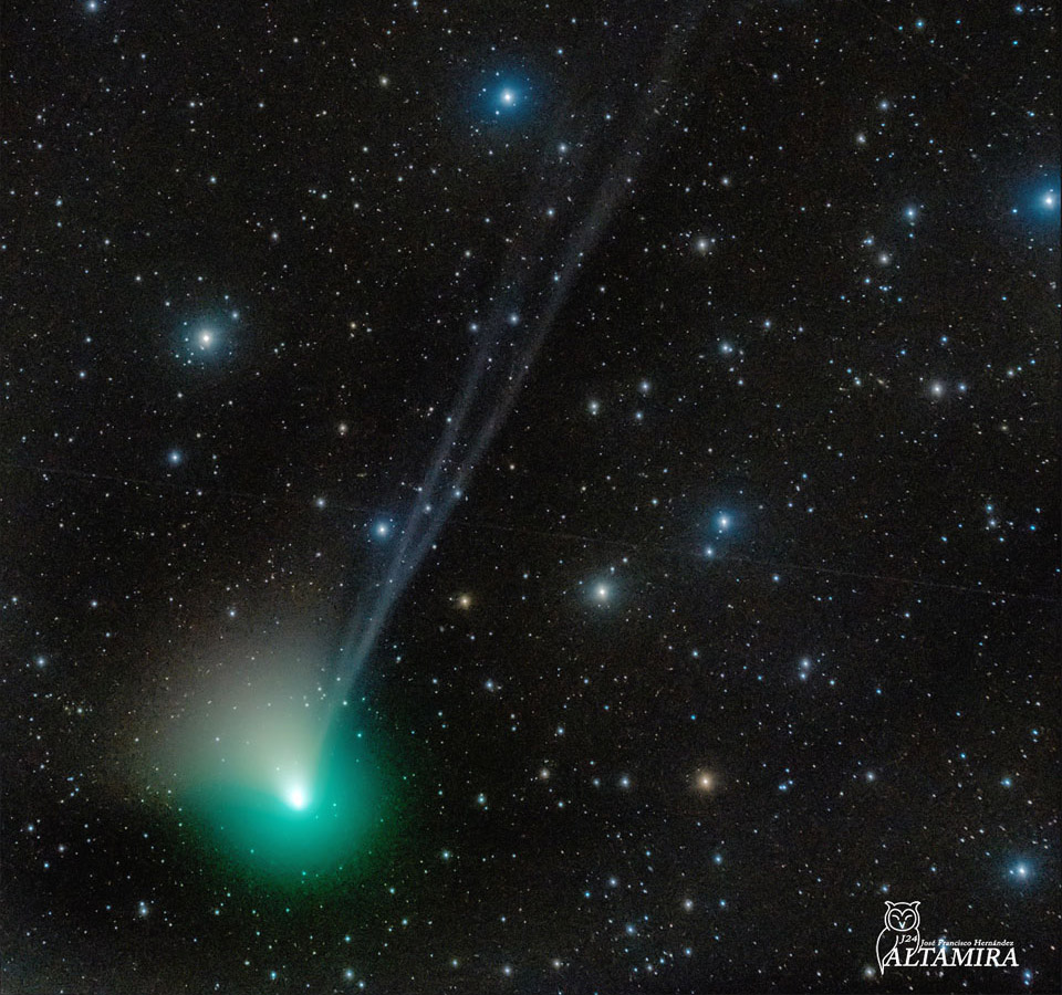 Comet C/2022 E3 (ZTF) showing its green glow and three blue ion tails. Image Credit: Jose Francisco Hernández