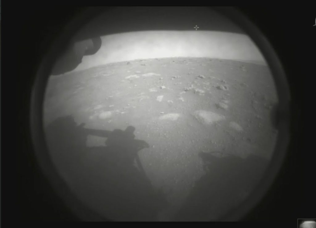 This is the first image taken by the NASA Perseverance rover on February 18, 2021 from its landing site. Image Credit: NASA/JPL-Caltech