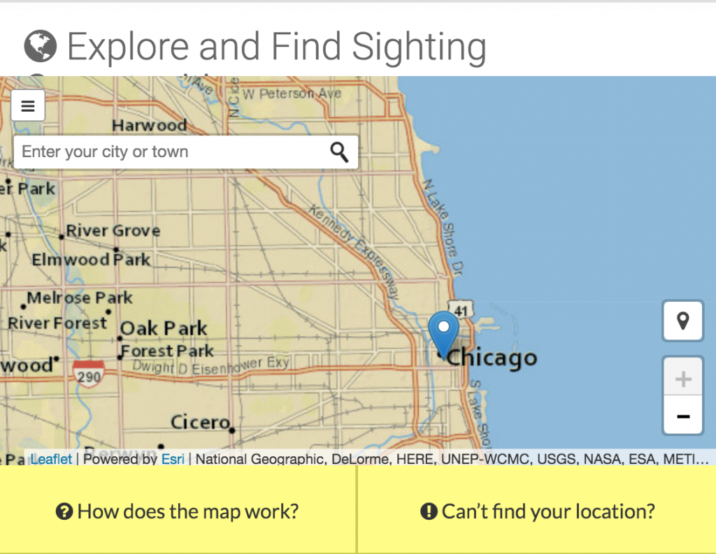 Explore and Find Sighting map showing the Chicago area.