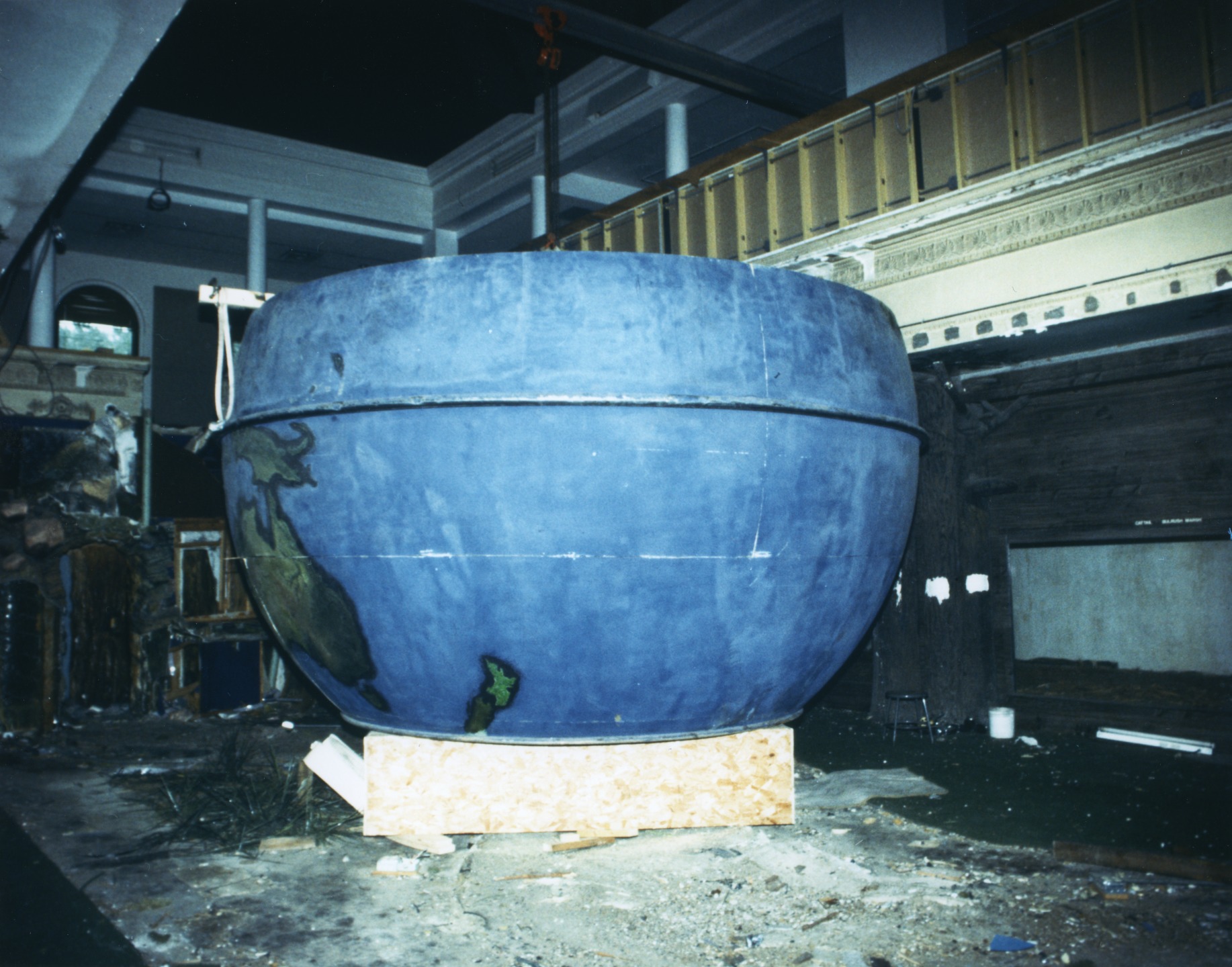 Image Caption: Exterior view of the Atwood Sphere in a state of partial construction. Only the bottom two-thirds are assembled. Image Credit: Adler Planetarium Archives