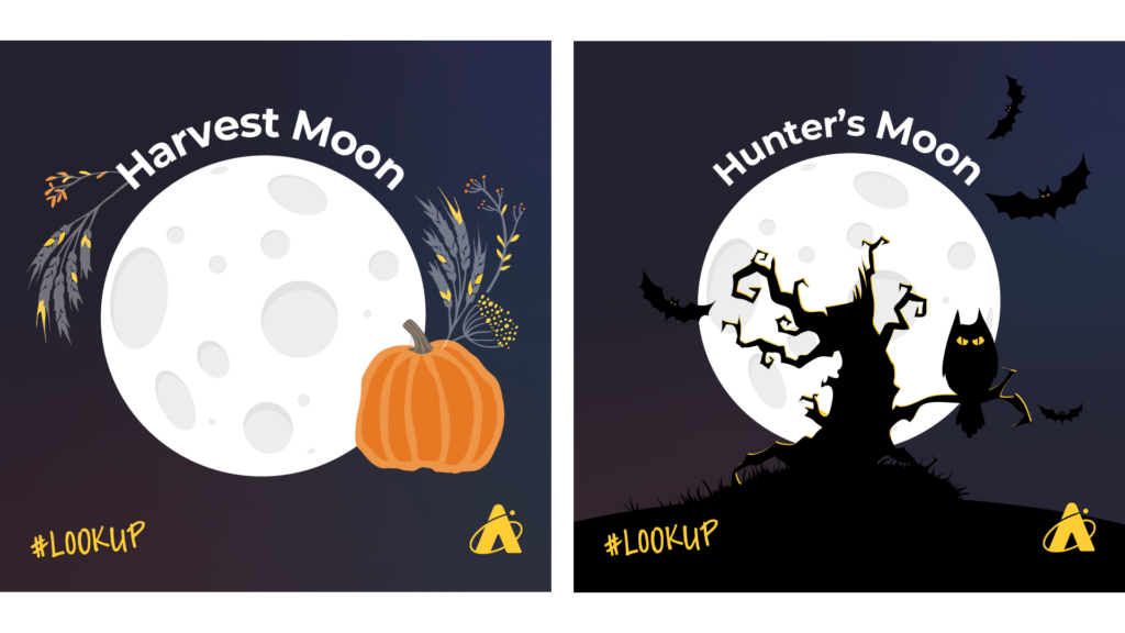 October 2020 has two Full Moons. The left image depicts the first Full Moon, the Harvest Moon. The right image depicts the second Full Moon, the Hunter’s Moon.