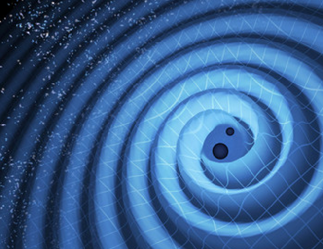 Illustration of gravitational waves after a merger of two black holes. Gravitational waves ripple outward as the black holes spiral toward each other. Image credit: LIGO/T. Pyle