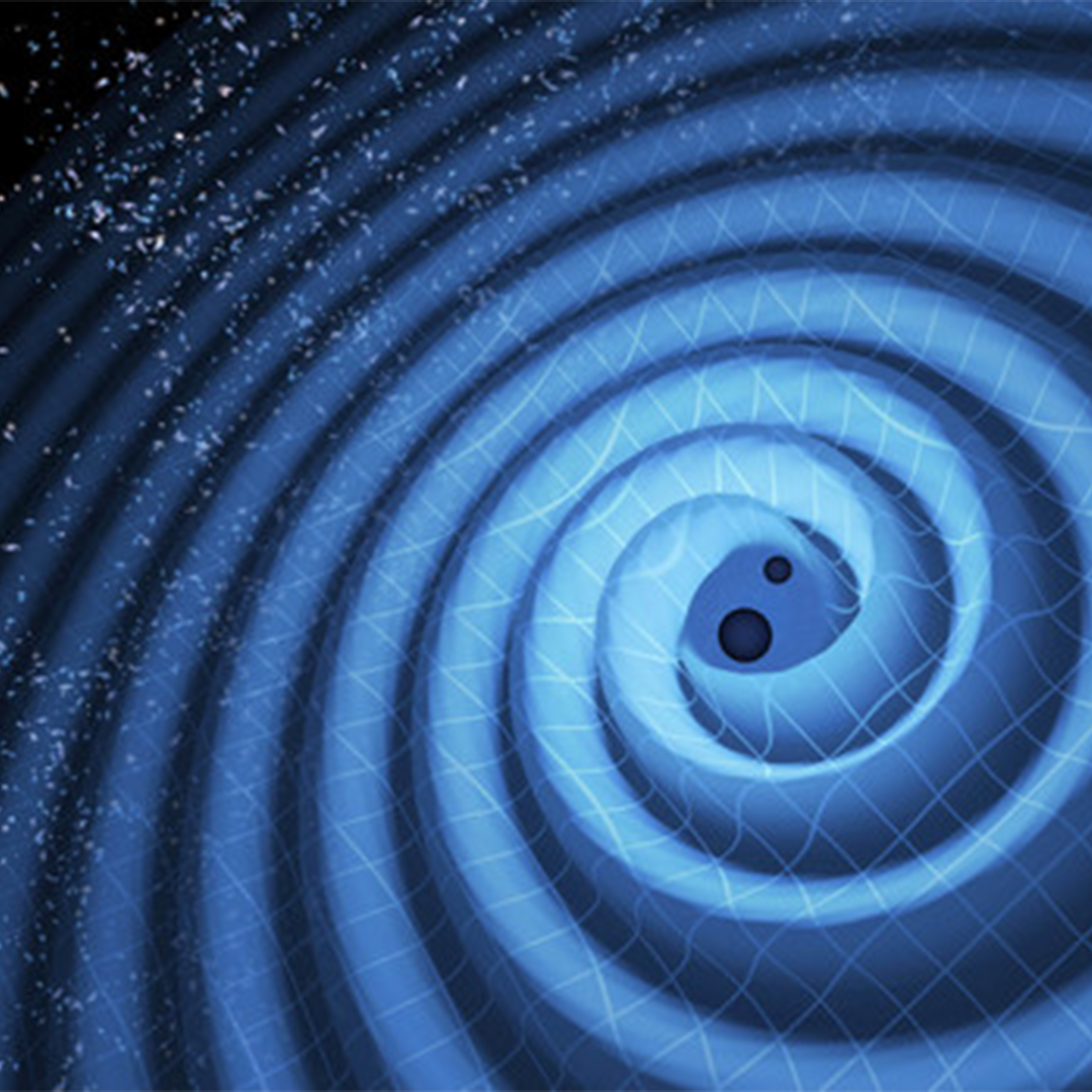 Illustration of gravitational waves after a merger of two black holes. Gravitational waves ripple outward as the black holes spiral toward each other. Image credit: LIGO/T. Pyle