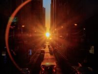 The Sun setting perfectly in between skyscrapers down an east-west facing street in Chicago, Illinois. Due to the grid orientation in the City of Chicago, during an equinox the Sun sets perfectly down the middle of the city’s streets—a phenomenon known as Chicagohenge. Image credit: Raf Winterpacht (@rafwinterpacht on Instagram)