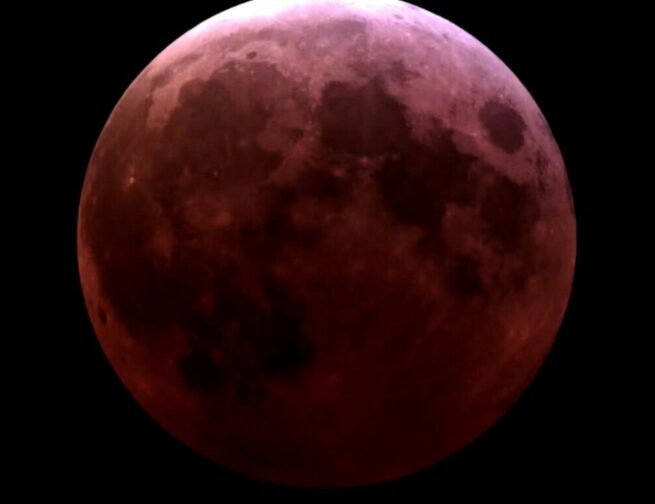 Image Caption: The March 13-14, 2025 lunar eclipse at totality. The full Moon appears to be a dark brick red as the Earth’s shadow covers it. Image credit: Adler Planetarium