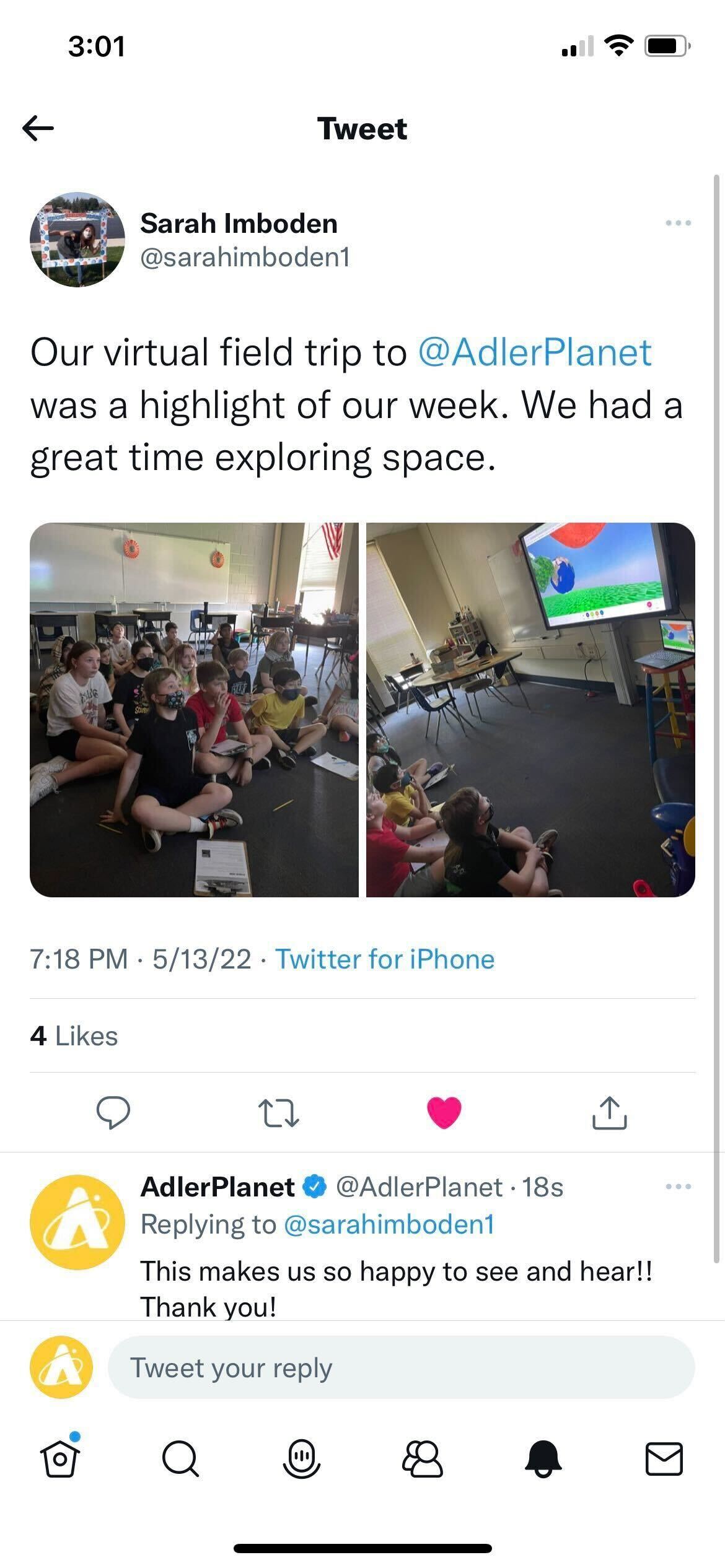 Tweet from a teacher who recently took their class on a virtual field trip video call. Images of her classroom and students taking the virtual field trip