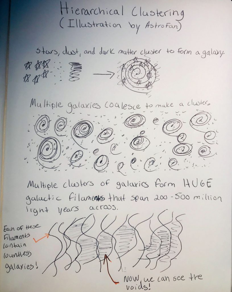 Hierarchical Clustering (Illustration by AstroFan)
Phase 1:
Stars, dust, and dark matter cluster to make a Galaxy.
Phase 2:
Multiple galaxies coalesce to make a cluster.
Phase 3:
Multiple clusters of galaxies form huge galactic filaments that span 200 - 500 millions light years across. Each filament contains countless galaxies!