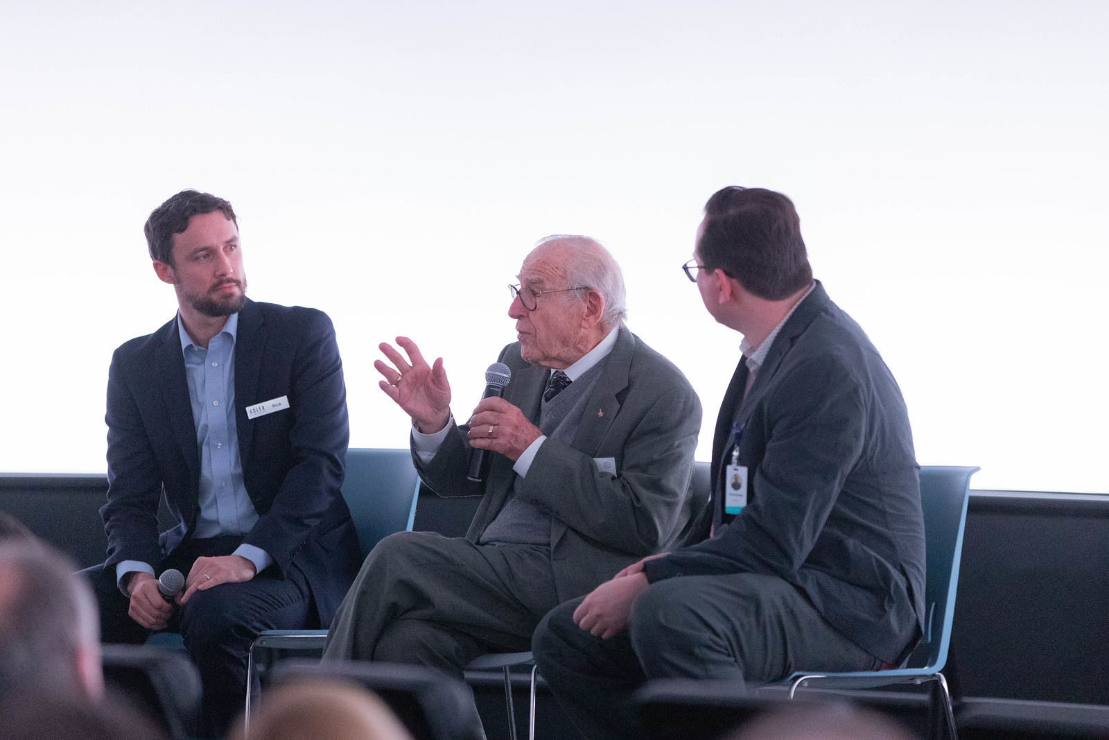 Nick (left) in conversation with Captain James A. Lovell, Jr. (center) for the Adler’s Imagine the Moon opening preview.