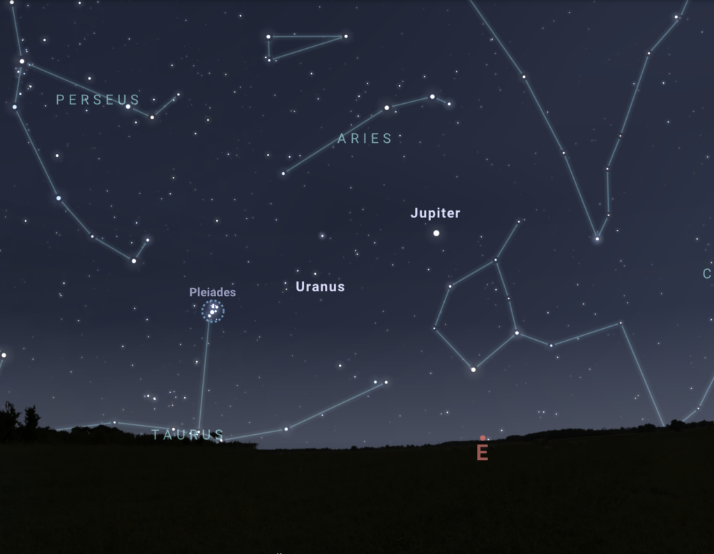 Jupiter and the Pleiades star cluster visible in the east-northeastern sky around 3:00 am throughout the month of July, 2023. Image via stellarium-web.org.