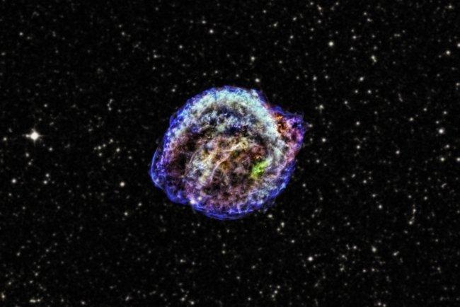 Kepler's supernova remnant, a large and colorful swirl of gas. 