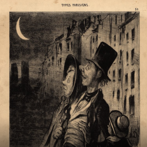 A 19th-century print depicting a family in the streets of Paris contemplating a night sky dominated by a waning Moon.