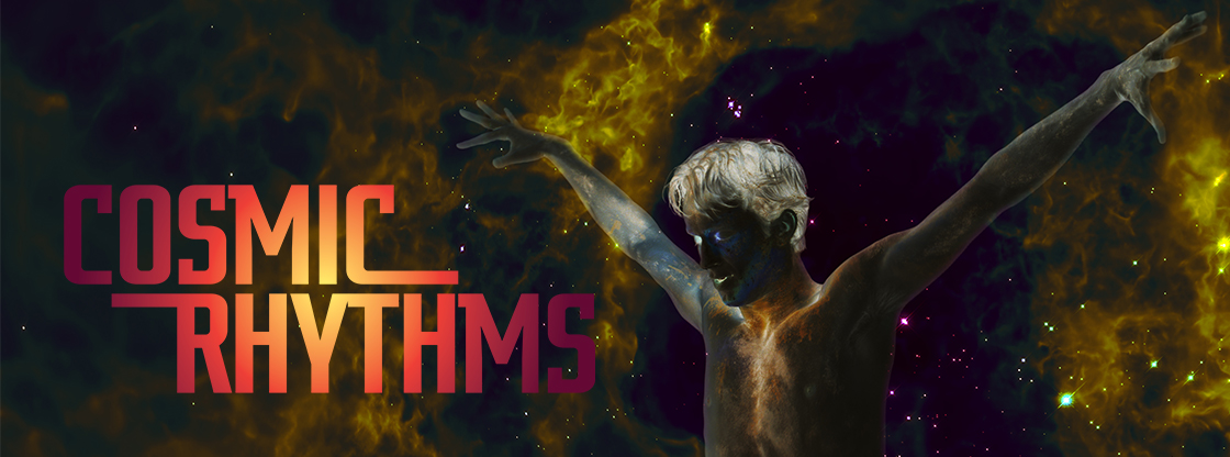 Cosmic Rhythms sky who web hero featuring Cosmic Rhythms type font in red/yellow shades, a cosmic wallpaper, and a silhouette of a dancer.