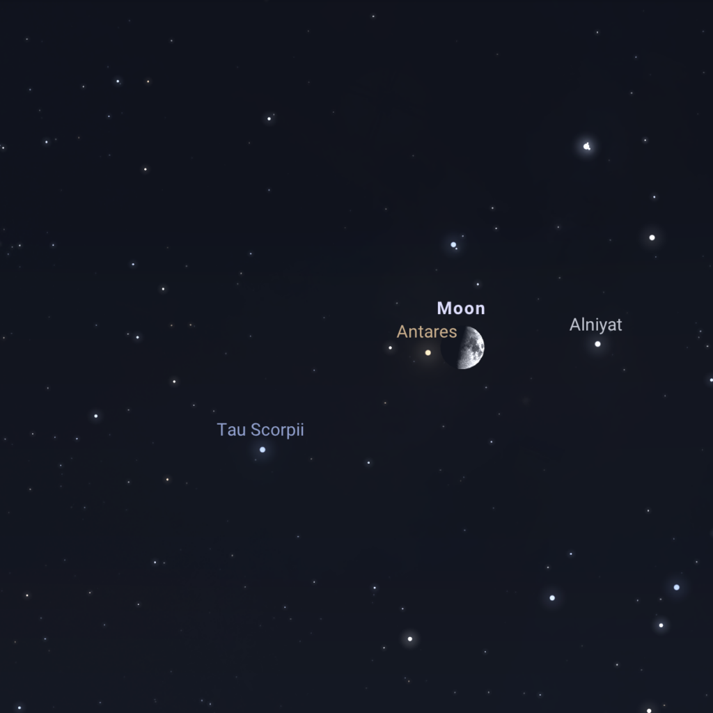 The star Antares before it passes behind the Moon during a lunar occultation on August 24, 2023. Image via stellarium-web.org