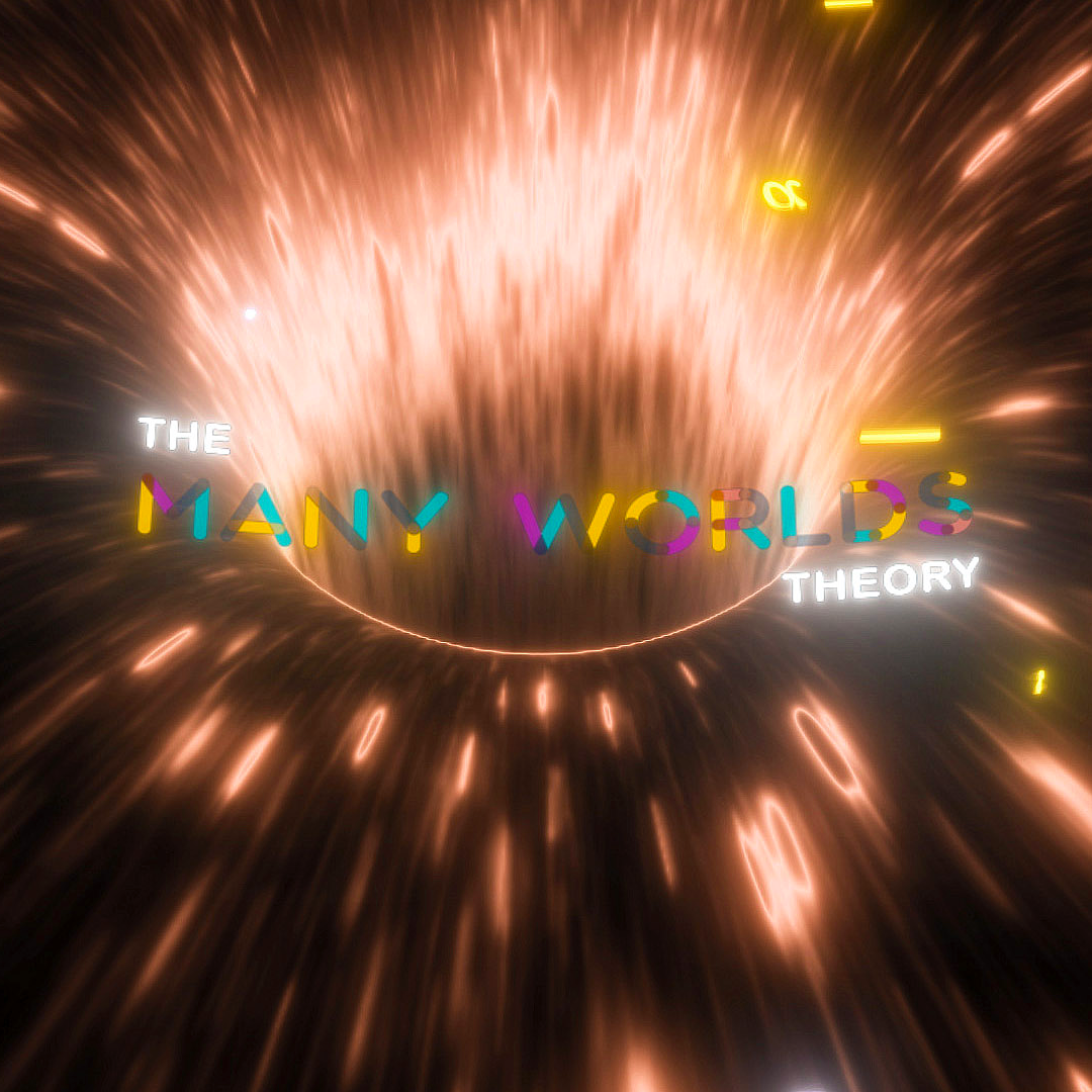 Title card for the many world multiverse theory, as seen in Niyah and the Multiverse. Text reads “THE MANY WORLD THEORY” in multicolored letters seen in front of a red-orange depiction of a wormhole.