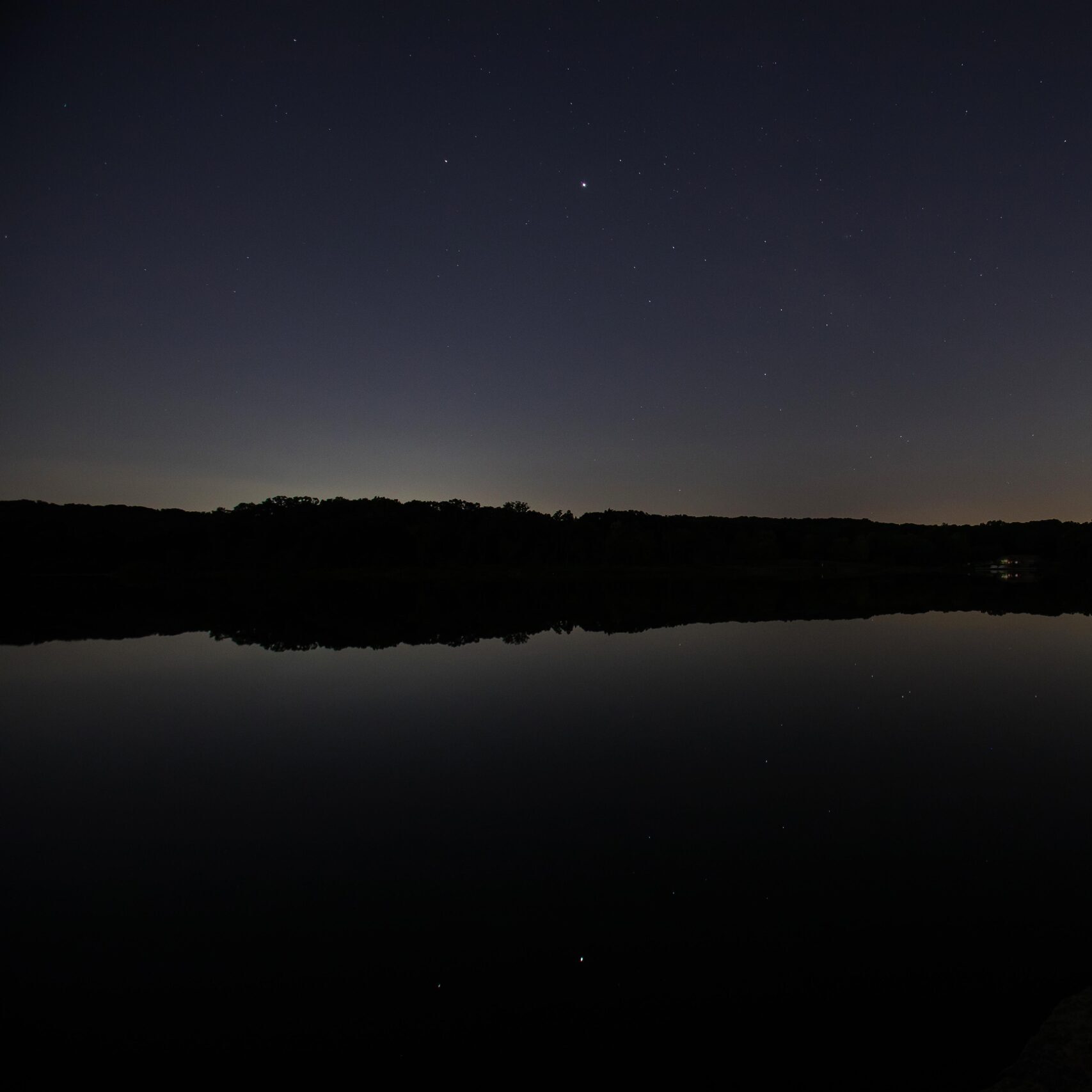 Dark blue night sky with stars reflected in a lake with silhouetted trees between the sky and lake at Maple Lake in the Forest Preserve of Cook County's Palos Preserves. Image Credit: Joe Occhiuzzo