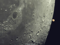 Close up image of the Moon as Mars reappears on the right side of the moon after an occultation. Image credit: Sergio Scauso