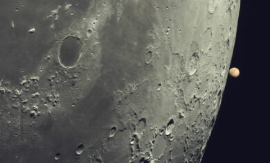 Close up image of the Moon as Mars reappears on the right side of the moon after an occultation. Image credit: Sergio Scauso