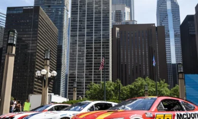 Stock cars set up in downtown Chicago in 2023. Ashlee Rezin/Sun-Times.