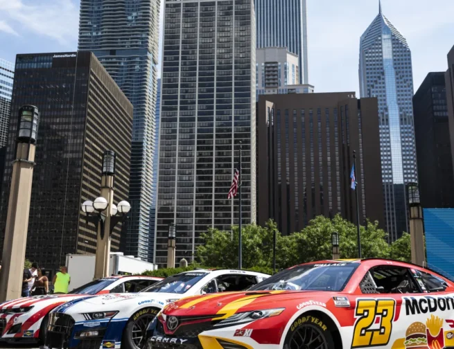 Stock cars set up in downtown Chicago in 2023. Ashlee Rezin/Sun-Times.