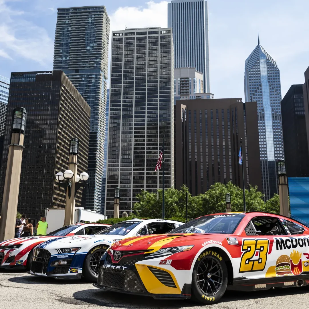 Stock cars set up in downtown Chicago in 2023. Ashlee Rezin/Sun-Times.