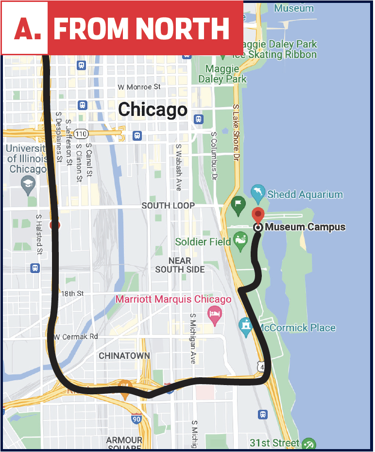  Map depicting the best way to drive to the Adler Planetarium from the north during the 2023 NASCAR Chicago Street Races.