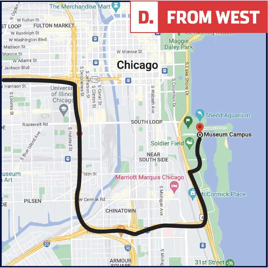 Map depicting the best way to drive to the Adler Planetarium from the west during the 2023 NASCAR Chicago Street Races.