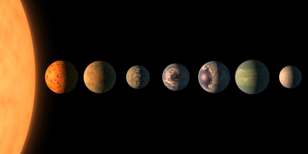 Artists concept of the planetary lineup of TRAPPIST-1.