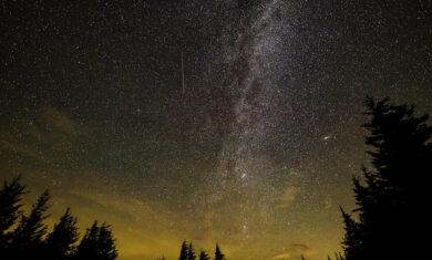 In this 30 second exposure, a meteor streaks across the sky during the annual Perseid meteor shower Friday, Aug. 12, 2016 in Spruce Knob, West Virginia. Image credit: NASA/ Bill Ingalls