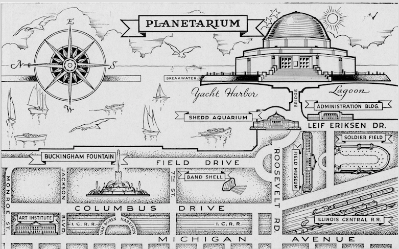 Postcard from the 1930s featuring the Adler Planetarium in what is nowadays known as Chicago Museum Campus. Note the Shedd Aquarium just below, and the Field Museum next to it. (Adler Planetarium Archives).