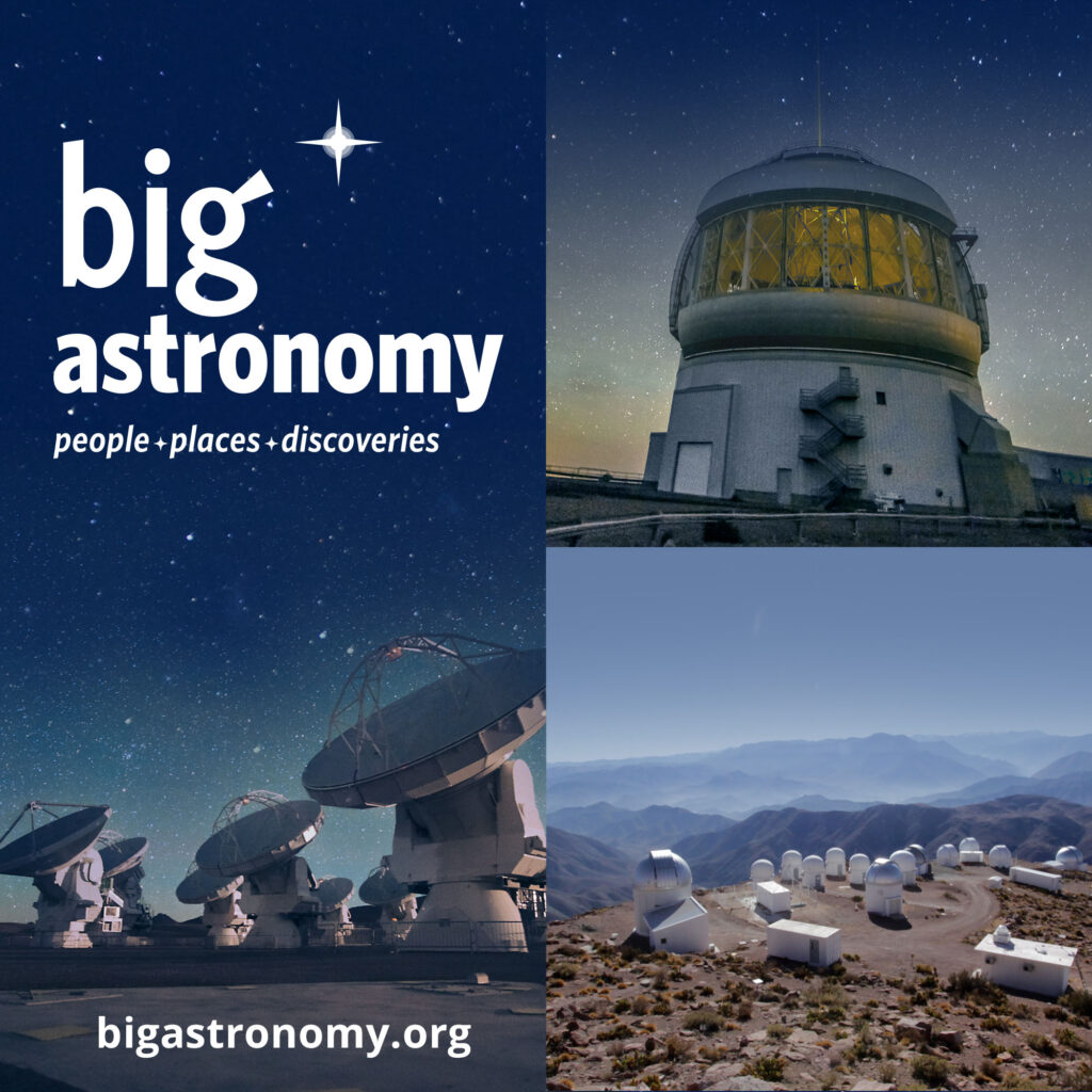 Three images in a collage showing large observatories and large radio satellite dishes pointed at the sky with the words "Big Astronomy, people - places - discoveries" and "bigastronomy.org" over the images