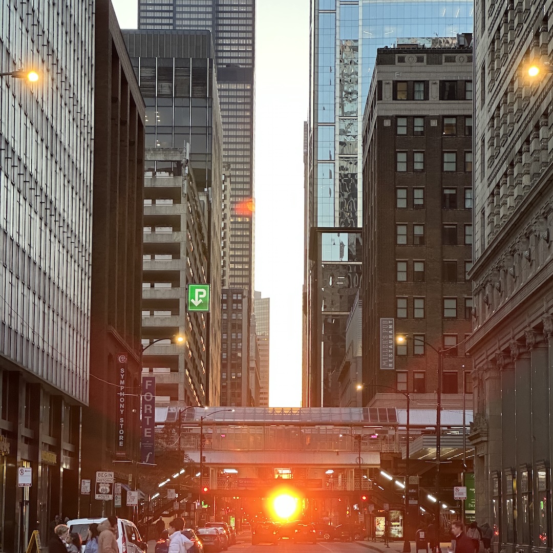 Chicagohenge sunset seen from Adams/Wabash in downtown Chicago.