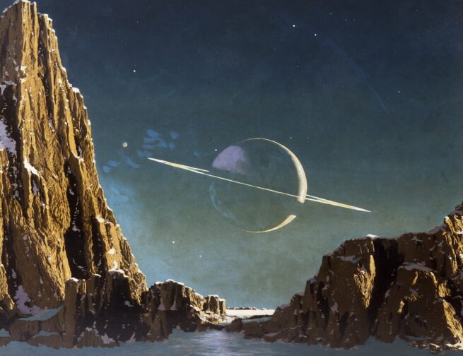 Painting depicting blue green ground and sky with brown tall mountains and yellow illumination outlines of Saturn. Signature lower left from Chesley Bonestell.