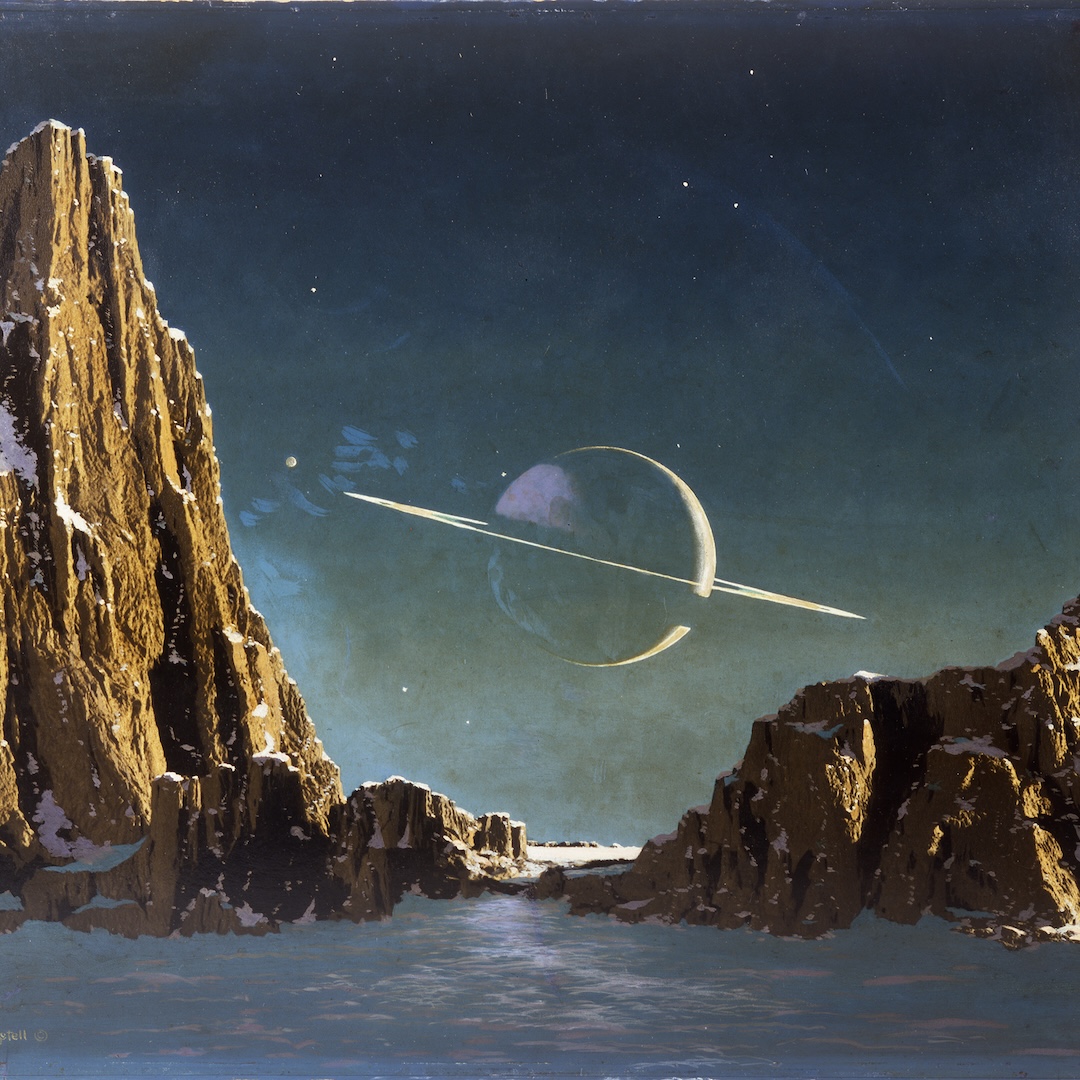 Painting depicting blue green ground and sky with brown tall mountains and yellow illumination outlines of Saturn. Signature lower left from Chesley Bonestell.