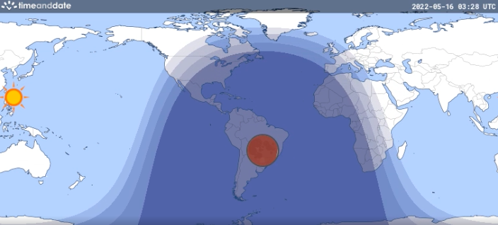 Map view of the path of the May 15-16, 2022, total lunar eclipse from "Time and Date" displaying the eclipse at "2022-05-16. 03:28 UTC"