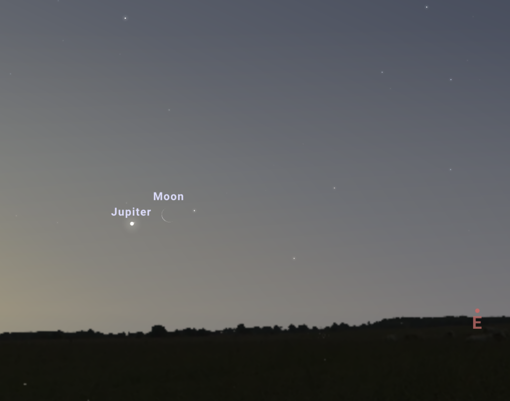 The early-morning conjunction of Jupiter and a waning crescent Moon, as seen on May 17, 2023 at 4:40 am in the eastern sky. Image via Stellarium-web.org