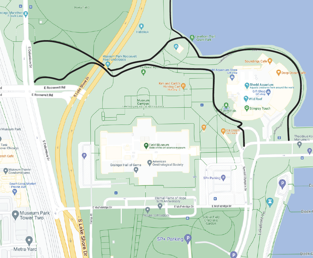 Map depicting the walking route to the Museum Campus, entering from the north and west, during the 2023 NASCAR Chicago Street Races.