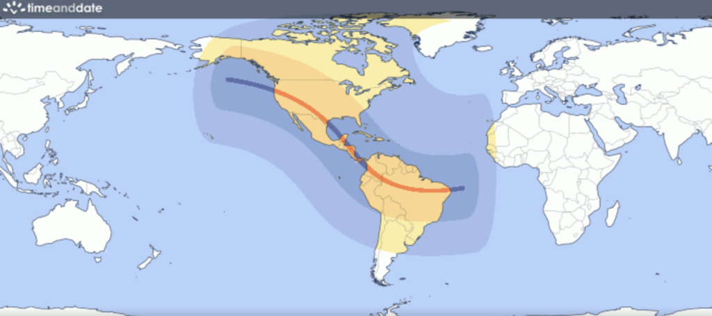 2D world map with North America and South America highlighted in yellow or orange showing with a red line the path of the October 14, 2023, annular solar eclipse from “Time and Date."