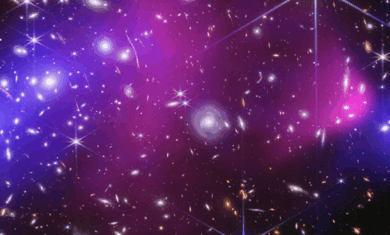 This is the central region of the Bullet Cluster, which is made of two massive clusters of galaxies. X-rays captured by NASA’s Chandra X-ray Observatory are colored pink. The blue represents dark matter precisely mapped by researchers using JWST.