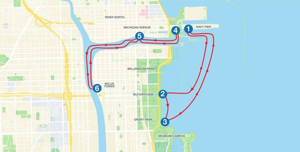 The route of Shoreline Sightseeing Water Taxis that run from Navy Pier (1) to the Museum Campus (3). Image credit: Shoreline Sightseeing